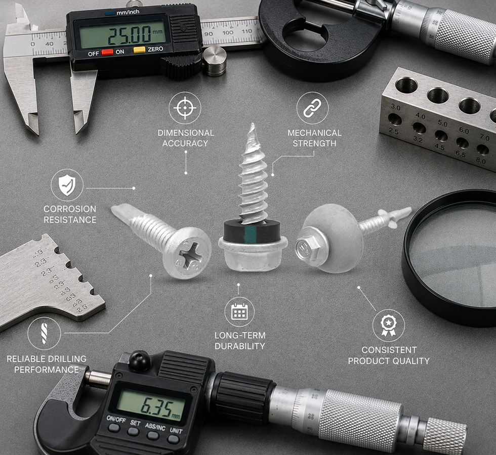 Fastener quality testing with digital calipers, micrometers, and screws highlighting dimensional accuracy, mechanical strength, corrosion resistance, and durability.
