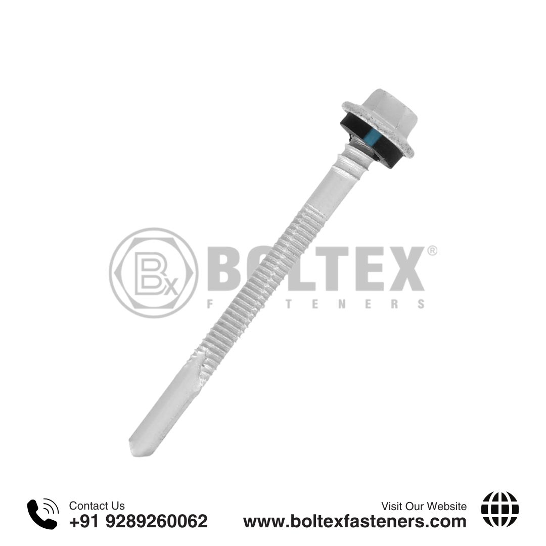 Boltex® Heavy Section Fasteners featuring a self drilling screw with a hexagonal head, sealing washer, and drill point for heavy steel structures and industrial applications.